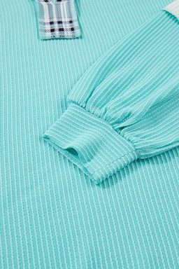 Aruba Blue Twist Ribbed Colorblock Plaid Patchwork Plus Size Top