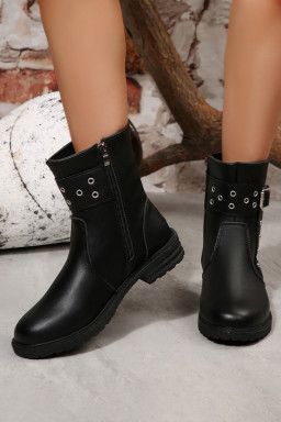 Black Studded Buckle Decor Side Zip Faux Leather Boots