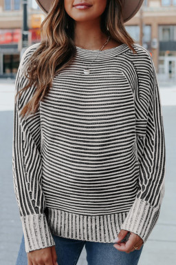 Black Striped Print Ribbed Knit Raglan Sleeve Baggy Sweater