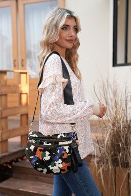 Black Camouflage Print Double Zipper Crossbody Bag