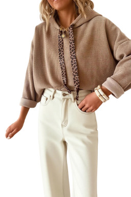 Dark Khaki Thermal Textured Leopard Drawstring Baggy Hoodie