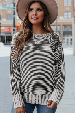 Black Striped Print Ribbed Knit Raglan Sleeve Baggy Sweater