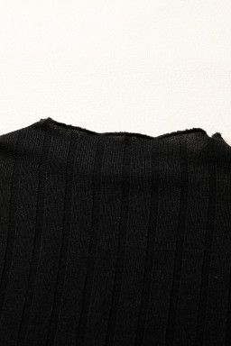 Black Frilled Neck Ribbed Knit Patchwork Long Sleeve Mini Dress