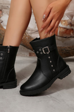 Black Studded Buckle Decor Side Zip Faux Leather Boots