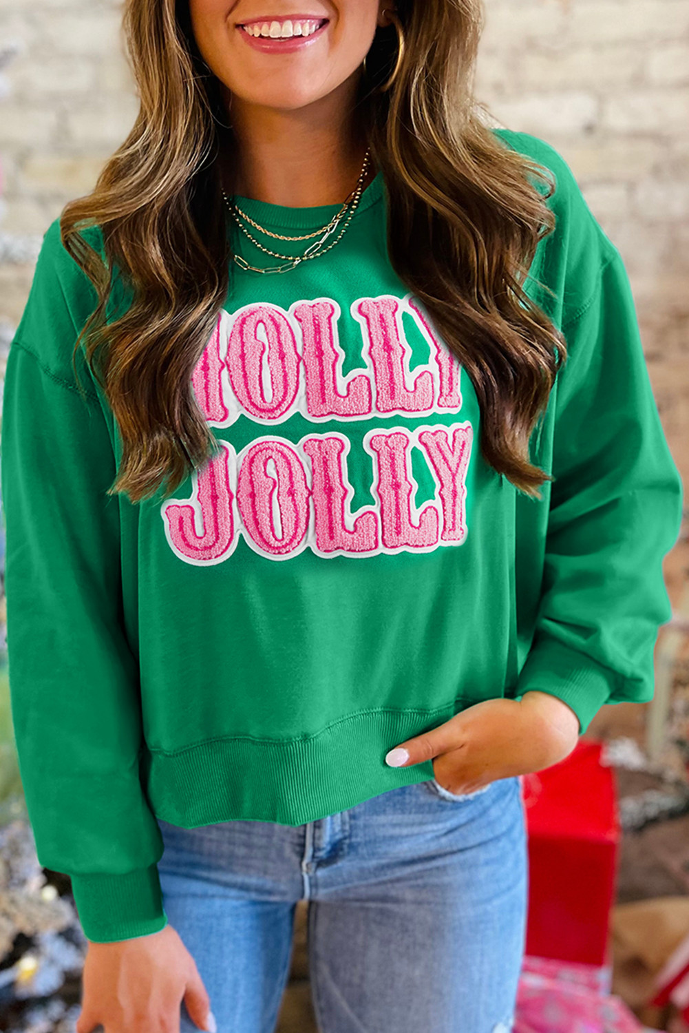 Sea Green HOLLY JOLLY Letter Christmas Holiday Sweatshirt