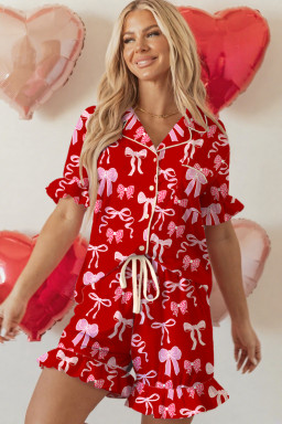 Red Sweet Bow Print Shirt Style Top Short 2pcs Pajama Set