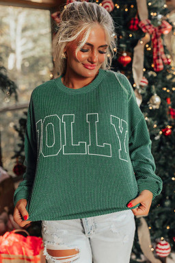 Blackish Green Twisted Rib Merry Letter Graphic Loose Long Sleeve Top