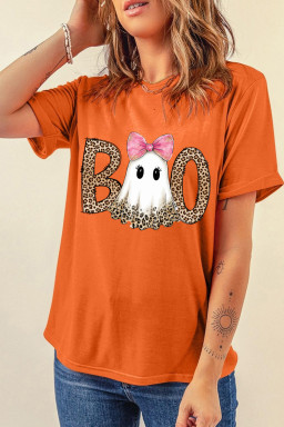 Orange BOO Leopard Letter Ghost Heat Transfer Printing Halloween T Shirt