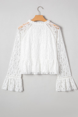 White Tie V Neck Lace Ruffle Detail Long Sleeve Blouse