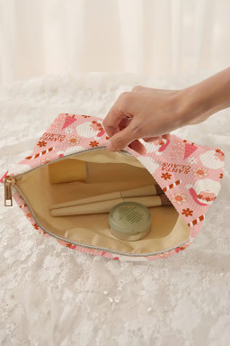 Pink Christmas Santa Claus Corduroy Zip Up Cosmetic Bag