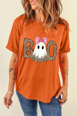 Orange BOO Leopard Letter Ghost Heat Transfer Printing Halloween T Shirt