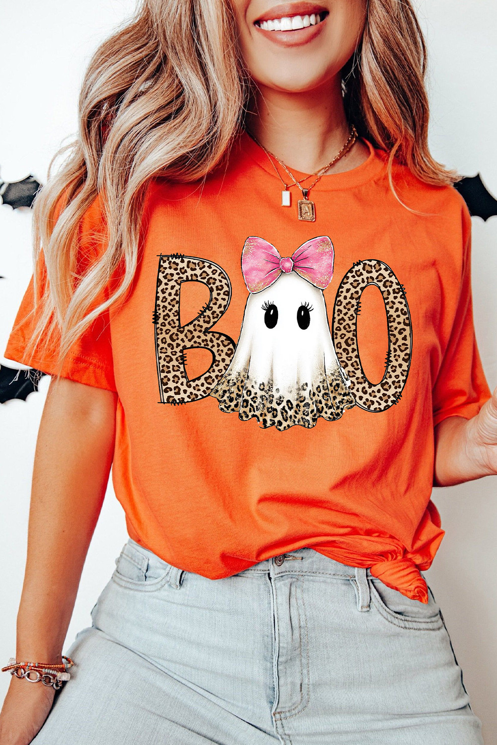 Orange BOO Leopard Letter Ghost Heat Transfer Printing Halloween T Shirt