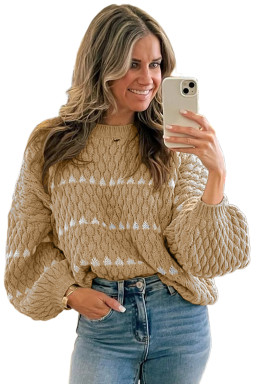 Pale Khaki Contrast Detail Textured Knit Puff Sleeve Baggy Sweater