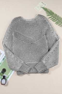 Black Striped Print Ribbed Knit Raglan Sleeve Baggy Sweater