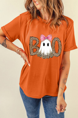 Orange BOO Leopard Letter Ghost Heat Transfer Printing Halloween T Shirt
