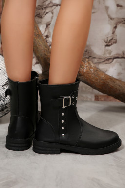 Black Studded Buckle Decor Side Zip Faux Leather Boots