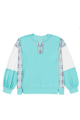 Aruba Blue Twist Ribbed Colorblock Plaid Patchwork Plus Size Top