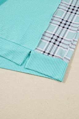 Aruba Blue Twist Ribbed Colorblock Plaid Patchwork Plus Size Top