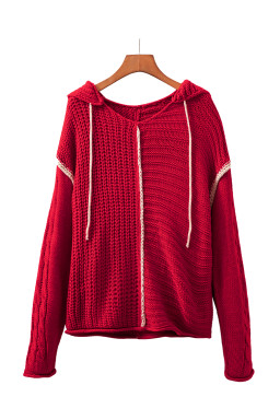 Racing Red Contrast Trim Textured Knit Drawstring Hooded Sweater