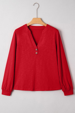 Racing Red Casual Button V Neck Long Sleeve Top
