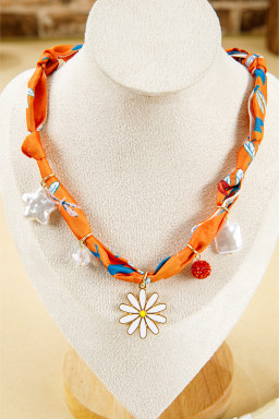 Orange Daisy Flower & Pearl Pendants Abstract Scarf Necklace
