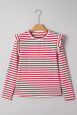 Red Striped Ruffle Shoulder Long Sleeve Top