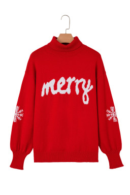 Fiery Red Merry Snowflake Pattern Christmas Turtleneck Sweater