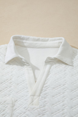 White Textured Pocketed Collared V Neck Pullover Sweatshirt