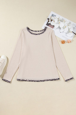Parchment Ribbed Contrast Leopard Edge Round Neck Plus Size Top