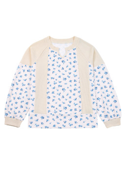 Beige Floral Print Waffle Patchwork Balloon Sleeve V Neck Oversized Top