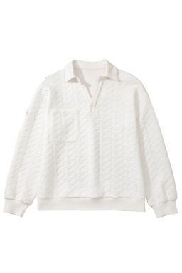 White Textured Pocketed Collared V Neck Pullover Sweatshirt