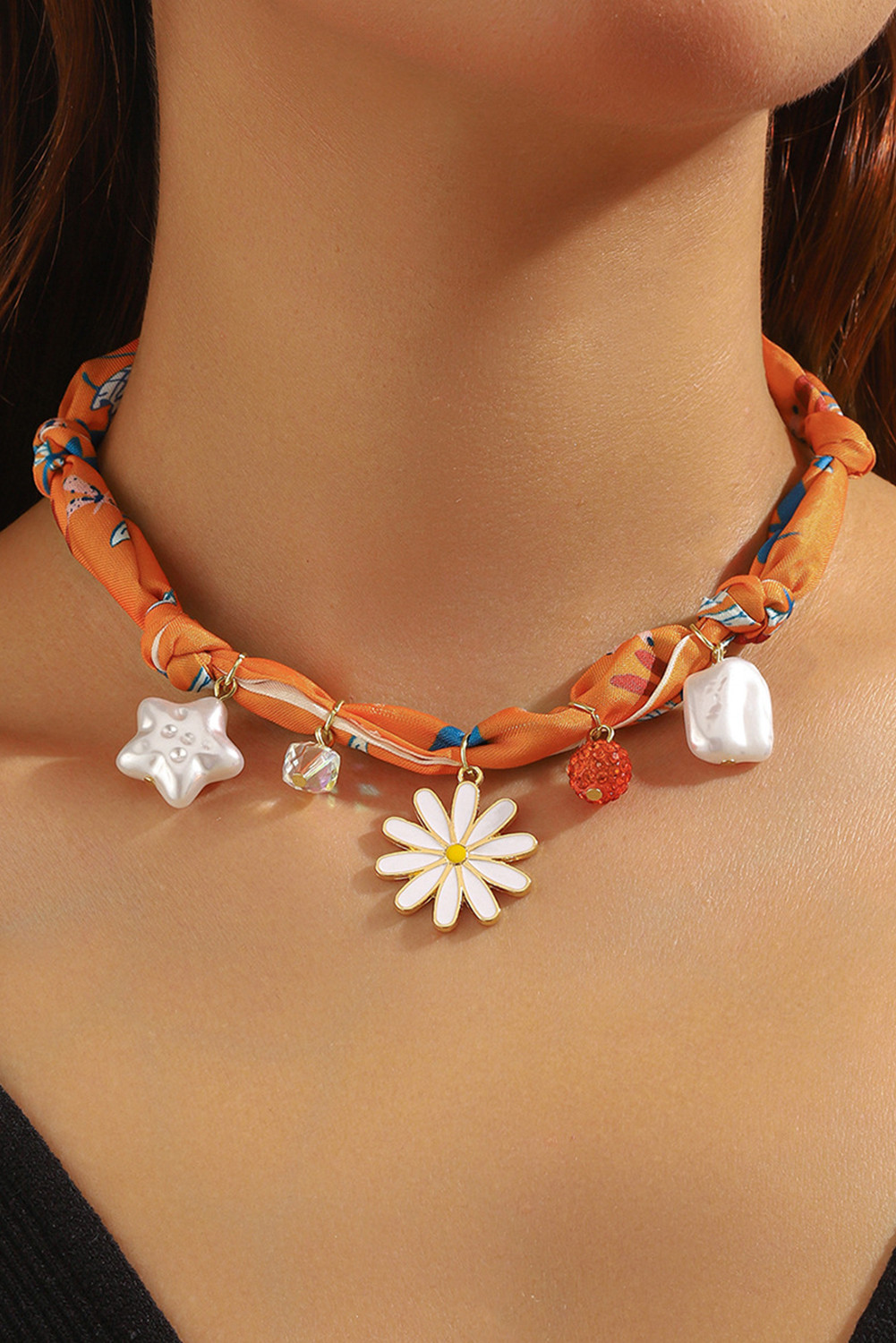 Orange Daisy Flower & Pearl Pendants Abstract Scarf Necklace