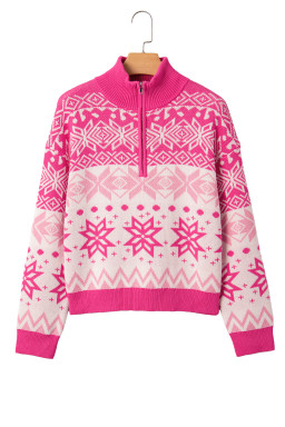 Rose Red Christmas Snowflake Quarter Zip Collard Sweater