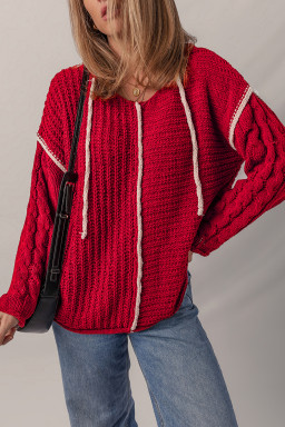 Racing Red Contrast Trim Textured Knit Drawstring Hooded Sweater