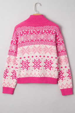 Rose Red Christmas Snowflake Quarter Zip Collard Sweater