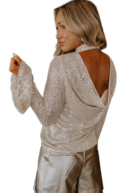 Jet Stream Sequin Mock Neck Drape Backless Bell Sleeve Top