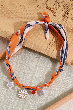Orange Daisy Flower & Pearl Pendants Abstract Scarf Necklace