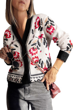 Beige Floral Print Button Front V Neck Contrast Trim Cardigan