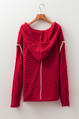 Racing Red Contrast Trim Textured Knit Drawstring Hooded Sweater