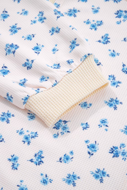 Beige Floral Print Waffle Patchwork Balloon Sleeve V Neck Oversized Top