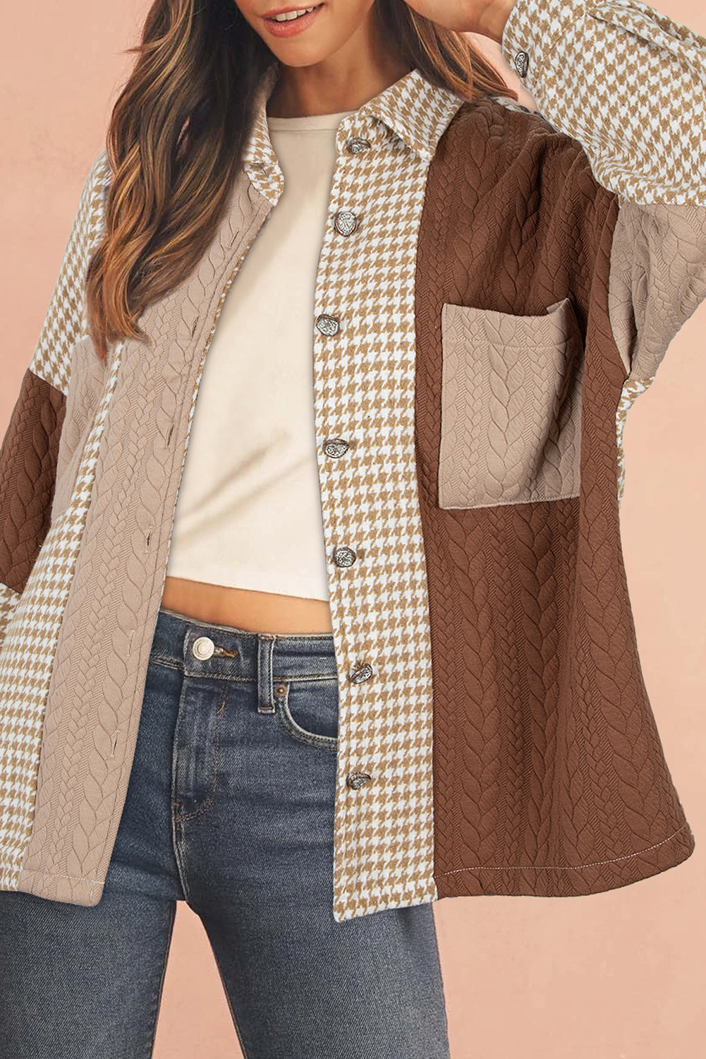 Khaki Houndstooth Textured Patchwork Loose Shacket