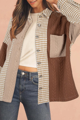 Khaki Houndstooth Textured Patchwork Loose Shacket