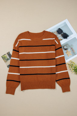 Brown Striped Ribbed Edge Drop Shoulder Sweater