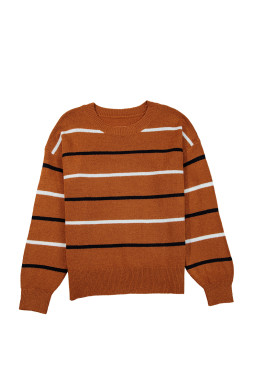 Brown Striped Ribbed Edge Drop Shoulder Sweater