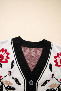 Beige Floral Print Button Front V Neck Contrast Trim Cardigan
