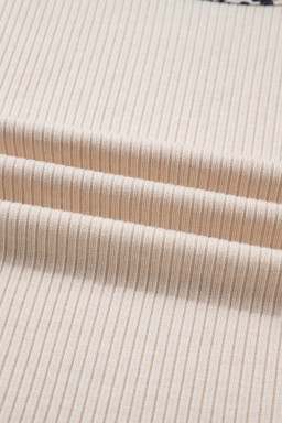 Parchment Ribbed Contrast Leopard Edge Round Neck Plus Size Top