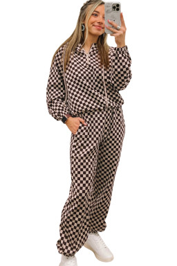 Black Athleisure Checkered Pullover and Jogger Pants Set