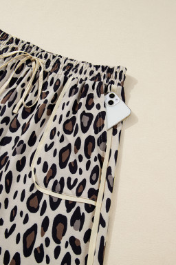 Khaki Exposed Seam Patched Pocket Plus Size Leopard Wide Leg Pants
