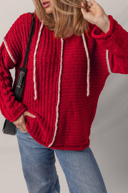 Racing Red Contrast Trim Textured Knit Drawstring Hooded Sweater