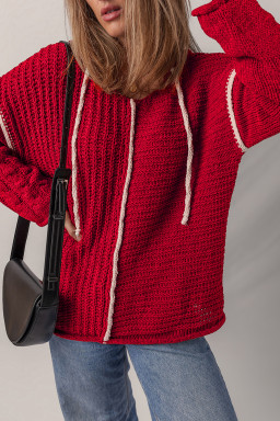Racing Red Contrast Trim Textured Knit Drawstring Hooded Sweater